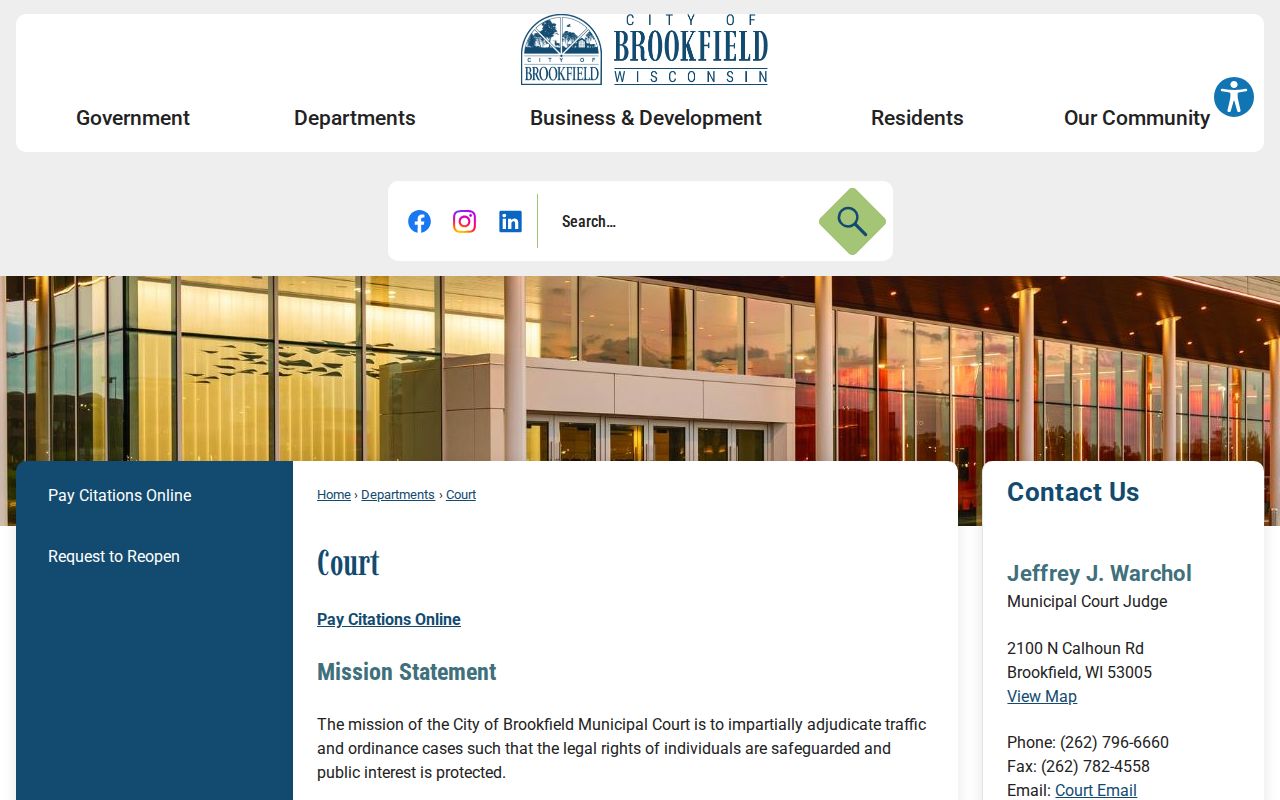Brookfield court records schedule and contact page